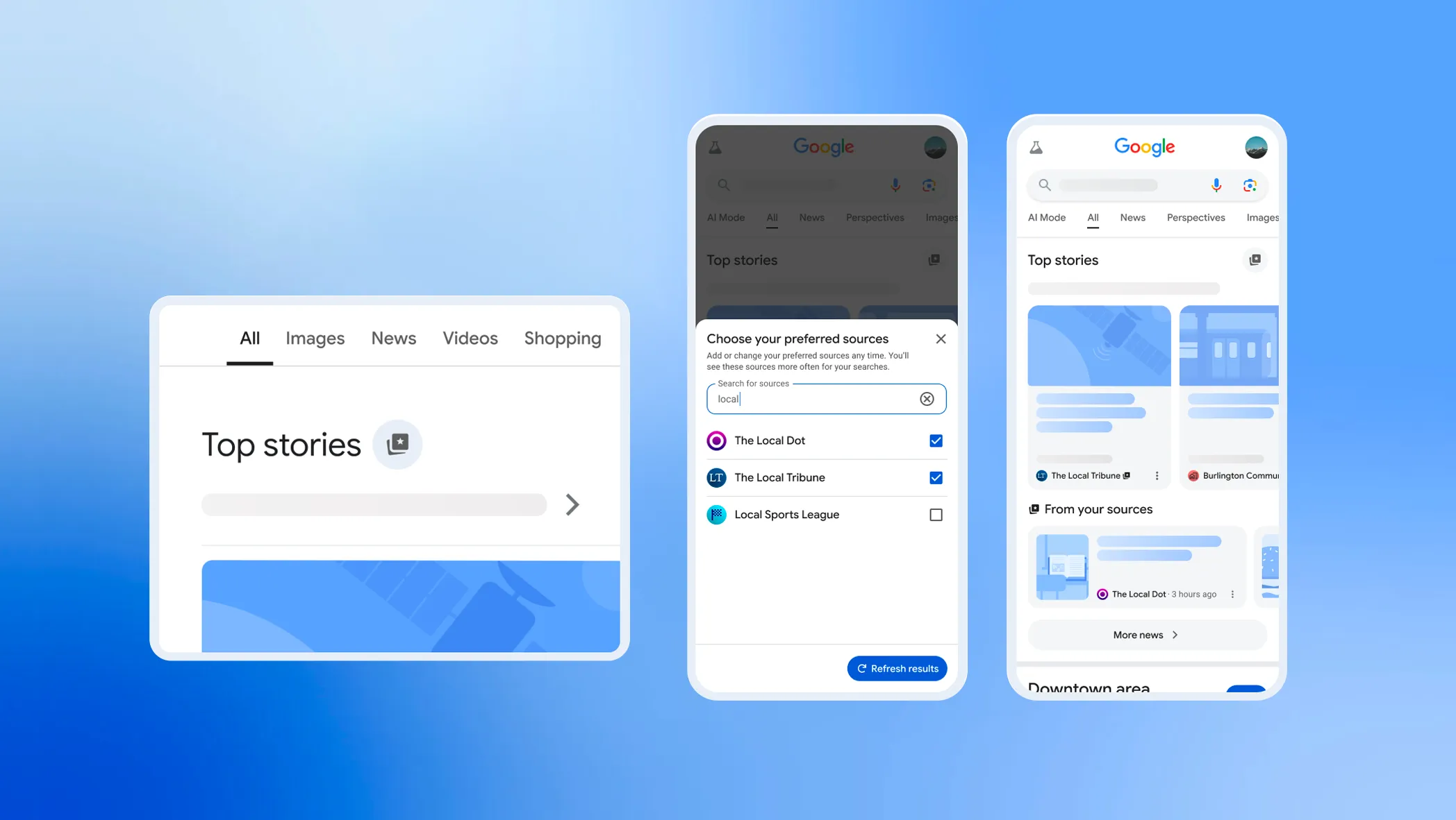 Selecting preferred sources in Google Top Stories: search a topic, choose your favorite sites, then see more of their articles with a “preferred” badge.