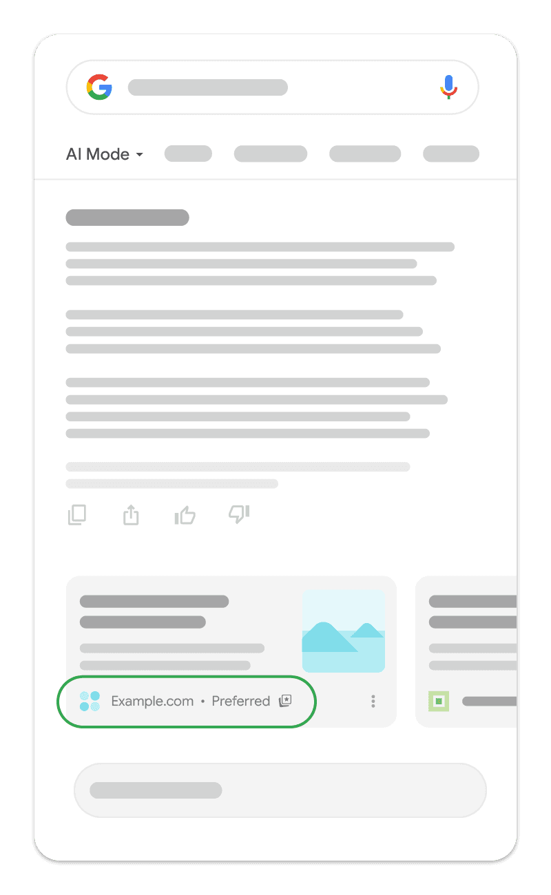 Google AI Mode answer highlighting a source with a “preferred” badge.