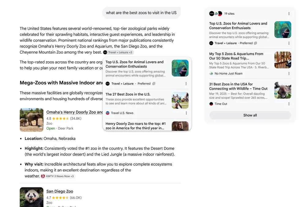 Google sources panel for a “best zoos in the US” search, with publisher cards flagged “Preferred.”